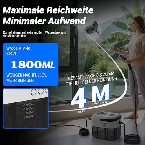 Double Control Steam Cleaner Handheld 1.8 L, US HSD Technology - 99.99% Sterilisation Rate, Graphene Heating Technology - Heats in 8S, Steam Cleaner is 4 m, Suitable for All Applications