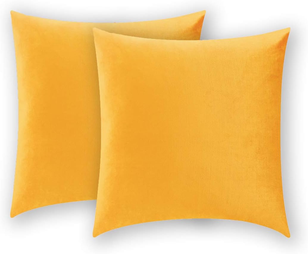 COMFORTLAND 2 Pack Decorative Throw Pillow Covers, Square Soft Luxury Velvet Cushion Shams, 18x18 Solid Pillow Cases Set for Farmhouse Bedroom Living Room Outdoor Indoor Decoration, Orange Yellow
