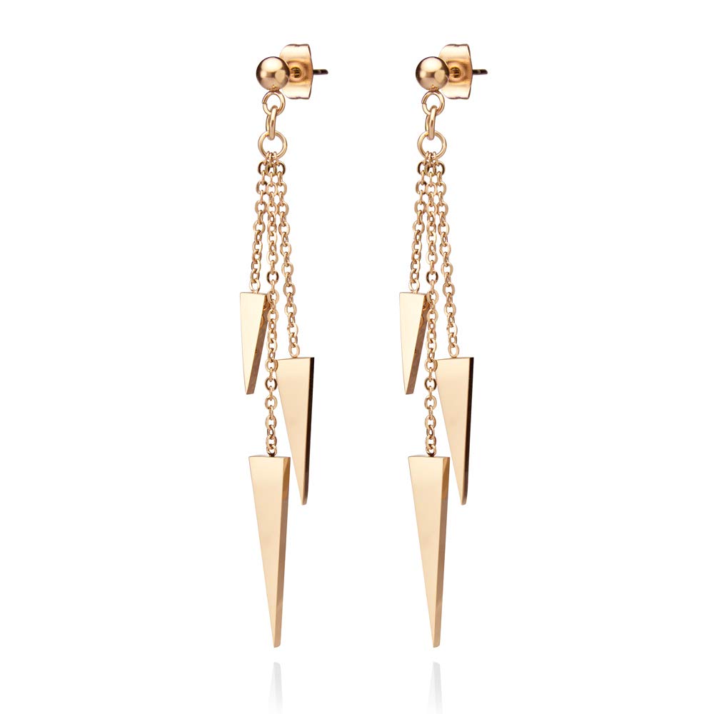 555Jewelry Womens Stainless Steel Triple Triangle Dangle Stylish Chain Chandelier Edgy Drop Post Stud Push Back Ladies Party Jewelry Fashion Accessory Earrings, Pink Rose Gold