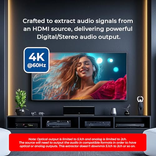 Orei 4K Audio Extractor HDMI, UltraHD 4K @ 60Hz 18G HDMI 2.0 Audio Converter SPDIF + 3.5mm Output HDCP 2.2 - Dolby Digital/DTS Passthrough CEC, HDR, Dolby Vision, HDR10 Support (HDA-912)
