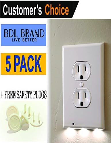 5 Pack Outlet Wall Plate Cover With LED Night Lights – No Batteries Or Wires – Installs In Seconds – (Duplex, White) (5 pack) – Baby proof
