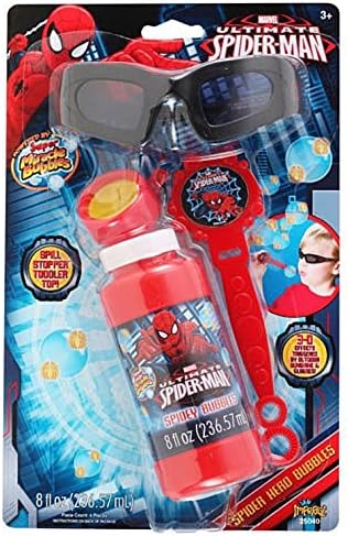 Marvel Ultimate Spider Man 3D Bubble Maker Wand Solution Glasses Spill Stopper Kids Fun Play Kit