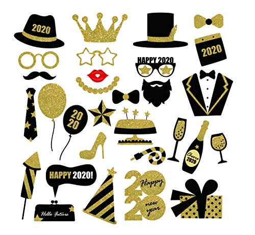 New Year's Photo Booth Props Kit(30Pcs)- 2020 New Year Eve Photo Props Creative Selfie Props Celebration Party Favor for New Year Eve Party Decoration (Gold2)