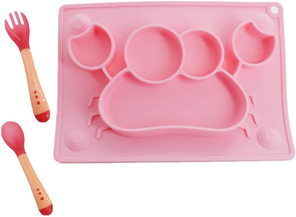 Silicone Plate with Suction, with 1 Spoon 1 Fork Plates Silicone Non-Slip Plate Mat Food Tray (Pink Crab)