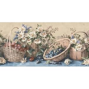 Waverly 5505611 Country Baskets and Sunflowers Wall Border, Blue, 10.25