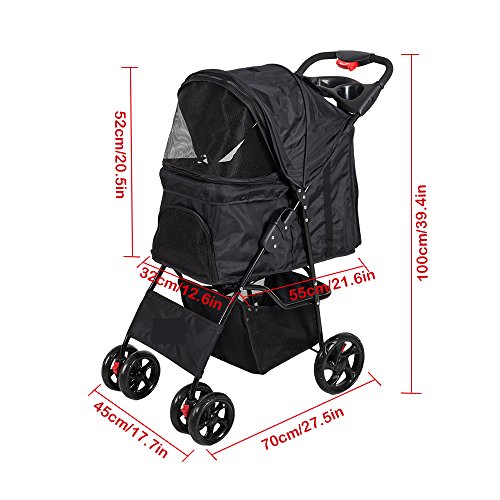 KARMAS PRODUCT Pet Stroller for Dog Cat Small Animal Folding Walk Jogger Travel Carrier Cart with Four Wheels (Black) - Thumbnail 2