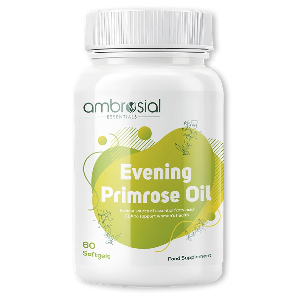 Ambrosial Evening Primrose Oil 1000 mg Softgel – High Strength Cold-Pressed Formula – Natural Source of Omega-6 (GLA) – Designed for Women’s Daily Balance & Inner Comfort – Gluten-Free – 60 Capsules