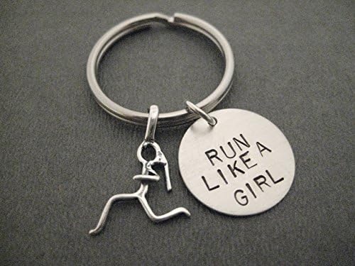Running Girl RUN LIKE A GIRL with Runner Girl Charm Key Chain / Bag Tag - Sterling Silver Runner Girl Charm and Hand Stamped Round Nickel Silver Pendant - Choose Round Key Ring or Ball Chain Bag Tag