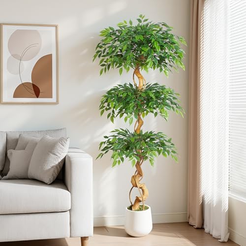Keeplush - Artificial Ficus Plant, 180cm with White Pot, Real Large Artificial Plants with Curved Trunk and 1860 Leaves Artificial Tree for Indoor Living Room Decor