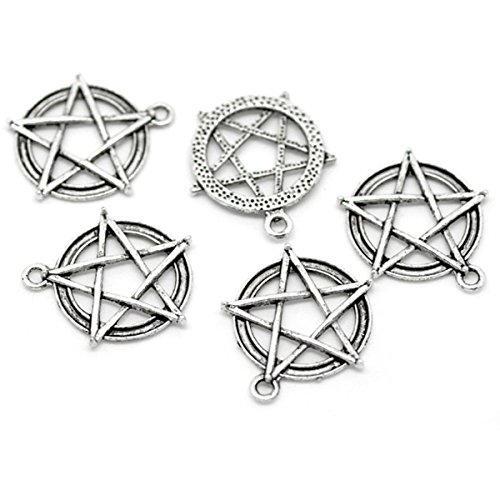 Housweety 20 Silver Tone Pentagram Round Charms Pendants 31x28mm