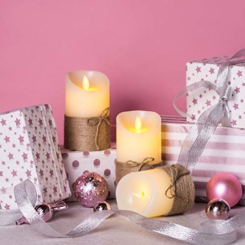 Aku Tonpa Flameless Candles Battery Operated Pillar Real Wax Flickering Moving Wick Electric LED Candle Gift Set with Remote Control and Timer, Ivory Wax with Hemp Rope - Thumbnail 3