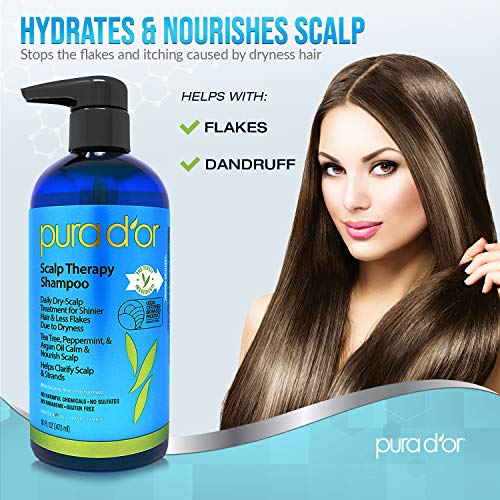 PURA D'OR Scalp Therapy Shampoo - Hydrates & Nourishes Scalp - Scalp Care Shampoo For Itchy Flaky Scalp w/Tea Tree, Peppermint, Patchouli, Cedarwood, Clary Sage, Argan Oil 16oz (Packaging may vary)