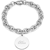 EVE'S ADDICTION Charm Bracelets for Women - Engravable Round Tag Bracelet - Gifts for Mom
