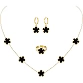 JIEMUCHU Gold Plated Stainless Steel Four Leaf Clover Necklace Ring and Earrings Jewelry Set for Women