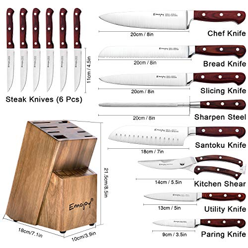Knife Set, 15-Piece Kitchen Knife Set with Wattle-Wood Block, Manual Sharpening for Chef Knife Set,  - //medicalbooks.filipinodoctors.org