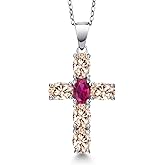 Gem Stone King 925 Sterling Silver Peach Morganite and Red Created Ruby Cross Pendant Necklace for Women | 3.00 Cttw | Gemstone October Birthstone | Oval 6X4MM | With 18 Inch Chain