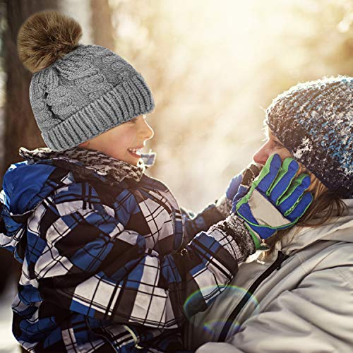 Kid Beanie Hats Lining Pom Pom for Children -Slouchy Cable Knit Toddler Skull Hat Baby Ski Cap for Girls Boys (Grey) - Thumbnail 7