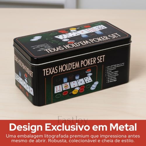 Jogo de Poker 200 Fichas Cartas de Baralho, Maleta Metálica, Fichas de Dealer e Blind, Conjunto Completo para Jogos