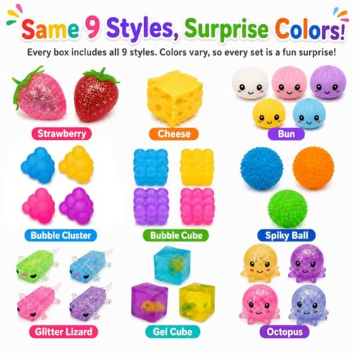 9 Pack Squishy Squeeze Toys, Random Color Soft Fidget Toys for Stress Relief, Cute Animal Fruit Food Shapes, Mini Desk Sensory Fidget Set for Adults and Teens