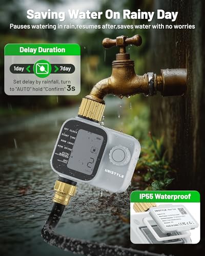 [2026 All-New] Water Timer, Unistyle Hose Timer for Sprinkler Irrigation, Brass Inlet, Automatic Watering System for lawn & Garden Plants, Auto/Manual/Delay Modes, Easy to Set up, Precise Control
