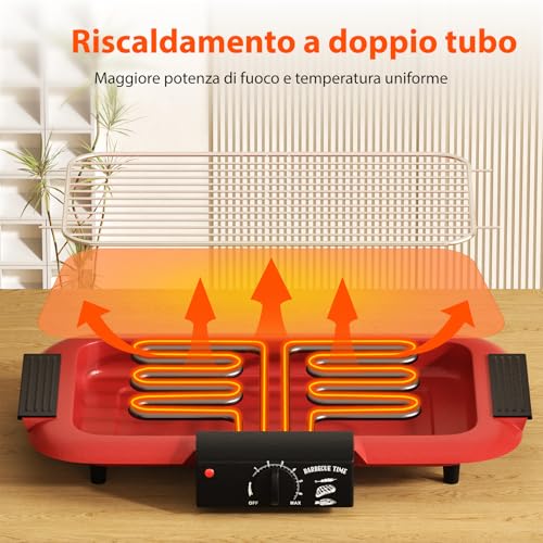 Electric BBQ Grill Non-stick Smokeless Indoor/Outdoor BBQ Grill Portable Removable High Power Double Tube 2000W BBQ Party Grill (Red D)