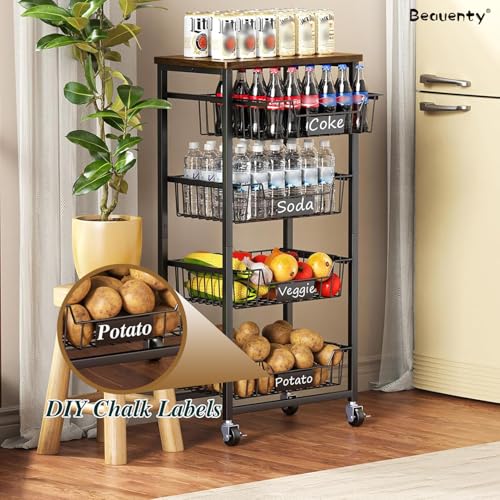 Beauenty 5-Tier Rolling Storage Cart, Pull-out Basket Trolley Organizer Kitchen Storage Shelf, Wooden Top Mobile Shelving Unit Suitable for Kitchen, Living room, Bathroom (Top Panel & 4 Baskets)
