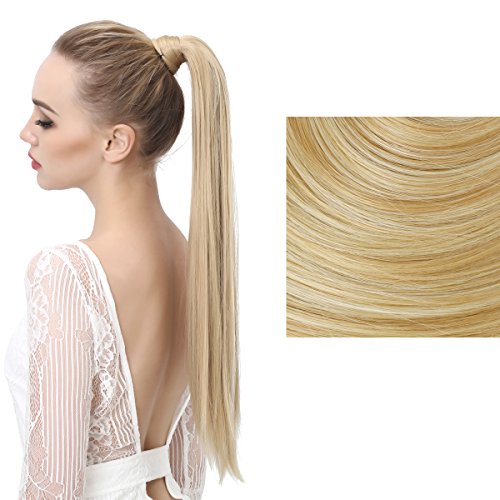 SARLA Women's 1Pc Straight Long Ponytail Hair Extensions Heat-Resisting Synthetic Ponytails Pony Tail Clip Hair Piece (27H613 Golden/Beach Blonde)