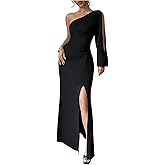 OYOANGLE Women's One Shoulder Long Sleeve Bodycon Maxi Dress Ruched High Slit Cocktail Dresses