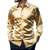 AOTORR Men's Luxury Shiny Silk Like Satin Button Up Dress Shirts Slim Fit Long Sleeve Nightclub Party Disco Prom Shirts