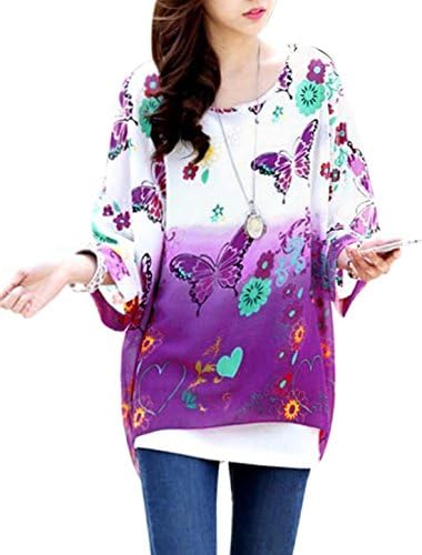 uxcell Lady Floral Butterfly Print Bat Sleeve Chiffon Blouse Purple White S