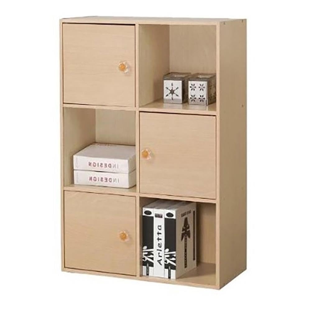 Furinno PASIR Book Shelf, 6-Cube Bookshelf, 3 Door Cube Storage Organizer with Round Handle, 9.4 x 23.6 x 31.5, for Living Room, Bedroom, Home Office, Steam Beech