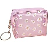 Daisy Coin Purse Wallet Clear Change Pouch Bag Small Flower Makeup Bag Cute Floral Cosmetic Bag Waterproof Sanitary Napkin Storage Bag Transparent Credit Card Holder with Key Ring Purple