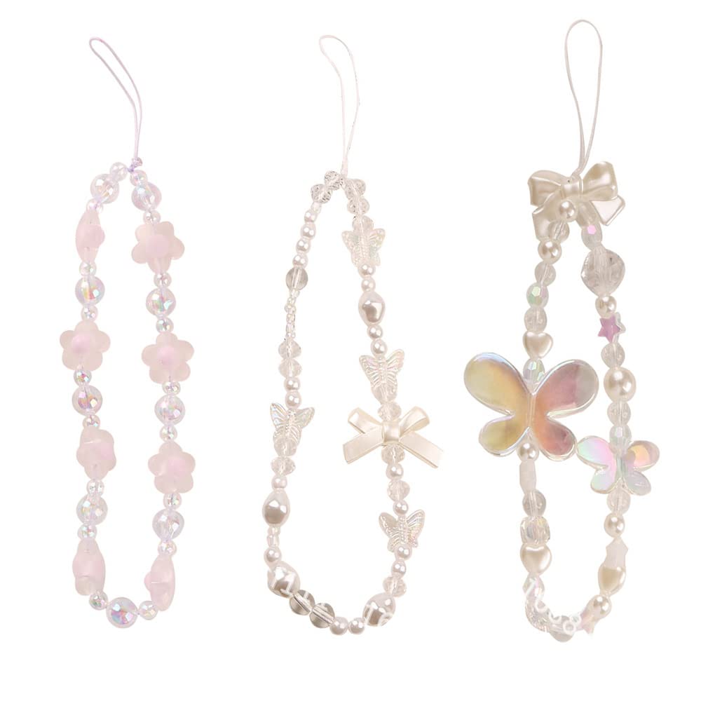 ZHONGLEFA 3 Pcs Beaded Phone Pendant Rhinestone Beaded Phone Straps Phone Lanyard Wrist Strap Anti Lost Phone String for Phone Camera Decoration