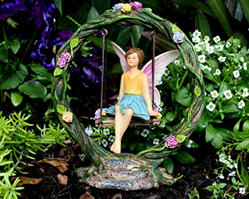 Pretmanns Fairy Garden Accessories Kit – 2 Miniature Fairy Figurines & Swing Set – 4 Pieces
