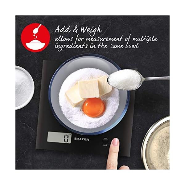Salter-Arc-Digital-Kitchen-Scales--As-Seen-on-TV-Electronic-Food-Weighing-Slim-Design-Cooking-Scale-for-Home-LCD-Display-Add-Weigh-Compact-Storage-Easy-Clean--Black Salter 1066 BKDR15 Arc Digital ABS Platform Kitchen Scale, 3kg Capacity, Precise Food Weighing, Slim Design For Compact…