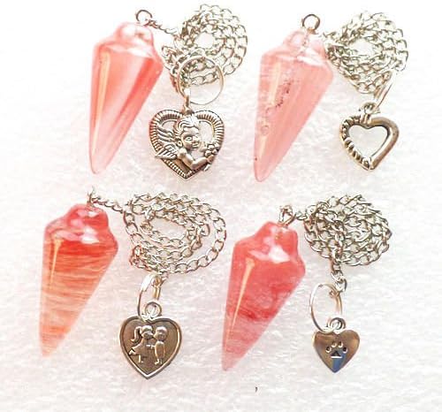 New Elegant Beautiful Mixed Stone Pendulum With Silver Heart Pendant Bead Hanging Keychain Jewelry Making Charms Gift 4 Pcs Cherry Quartz