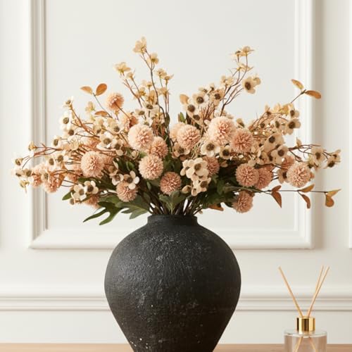 Photo 1 of Beige Silk Flower Arrangements For Home Decor, Large Floral Centerpieces For Tables, Fake Mums + Eucalyptus + Wild Flowers in Bulk, Long Stem Artificial Flowers Coffee Dining Table, Faux Mums Flowers