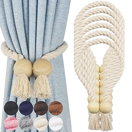 Nieffeiy Magnetische Vorhang-Raffhalter, Baumwolle, handgewebt, dekorative Seilhalter für Vorhänge, Vorhänge, kein Werkzeug erforderlich, Beige, 6 Stück
