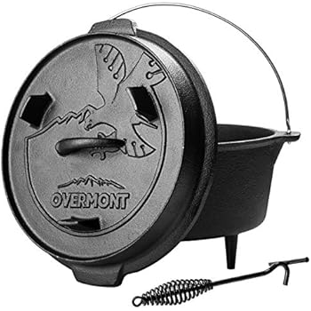 Overmont Camp Dutch Oven 11.2x11x8in All-round Cast Iron Casserole Pot Dual Function Lid Skillet Pre Seasoned with Lid Lifter Handle for Camping Cooking BBQ Baking