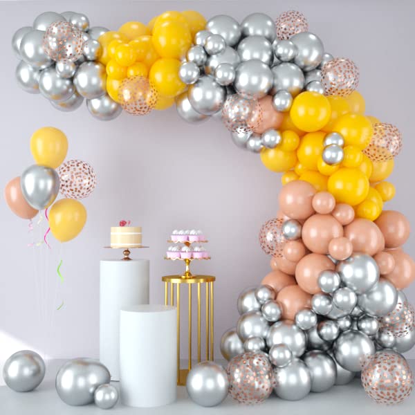 Balloon Garland Arch Kit, Silver Rose Gold and Confetti Party Balloon with Strip Tape, Birthday Balloons Decorations for Girls, Boys, Party, Wedding, Baby Shower Decorations