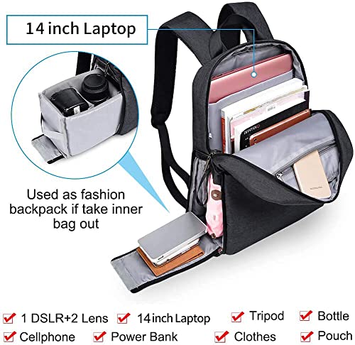 Cwatcun Camera Laptop Backpack, Camera bag for Canon Nikon Sony with Detachable Insert Camera Case fit 14