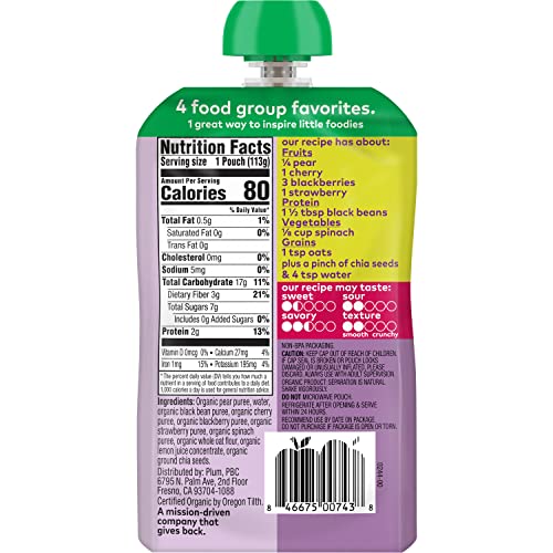 PLUM ORGANICS MIGHTY 4 ORGANIC TODDLER FOOD – PEAR, CHERRY, BLACKBERRY, STRAWBERRY, BLACK BEAN, SPINACH, AND OAT – 4 OZ POUCH – ORGANIC FRUIT AND VEGETABLE TODDLER FOOD POUCH