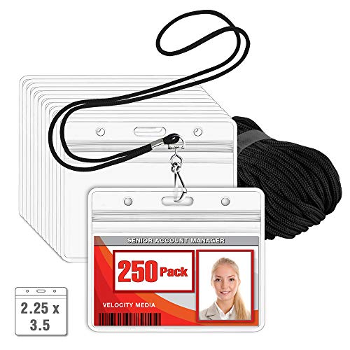 MIFFLIN Lanyard (Black, 2.25x3.5 Inch, 250 Pack) with Clear Plastic Horizontal ID Badge Holder, Heavy Duty Pouch with Soft, Woven, Neck Lanyards