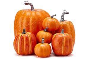 woshilaocai 7PCS Artificial Pumpkins Décor Fall Harvest Thanksgiving/Halloween Holiday Farmhouse Decorations for Home (Bright Orange)