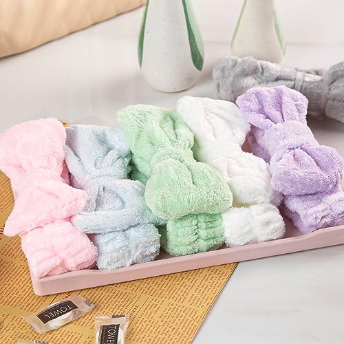 Shindel 6PCS Makeup Headbands for Women, Spa Headband Bow Tie Hair Band Coral Fleece Head Wraps for Washing Face Skincare Shower Sports Yoga 6 Assorted Colors