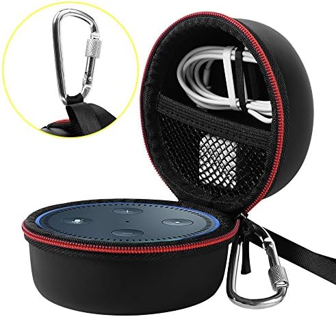 Travel Portable Carrying Protective Hard Case Box Pouch for Amazon All-New Echo Dot(2nd Generation) with Carabiner(Fits USB Cable and Wall Charger) - Black(Red Zipper)-PU Material