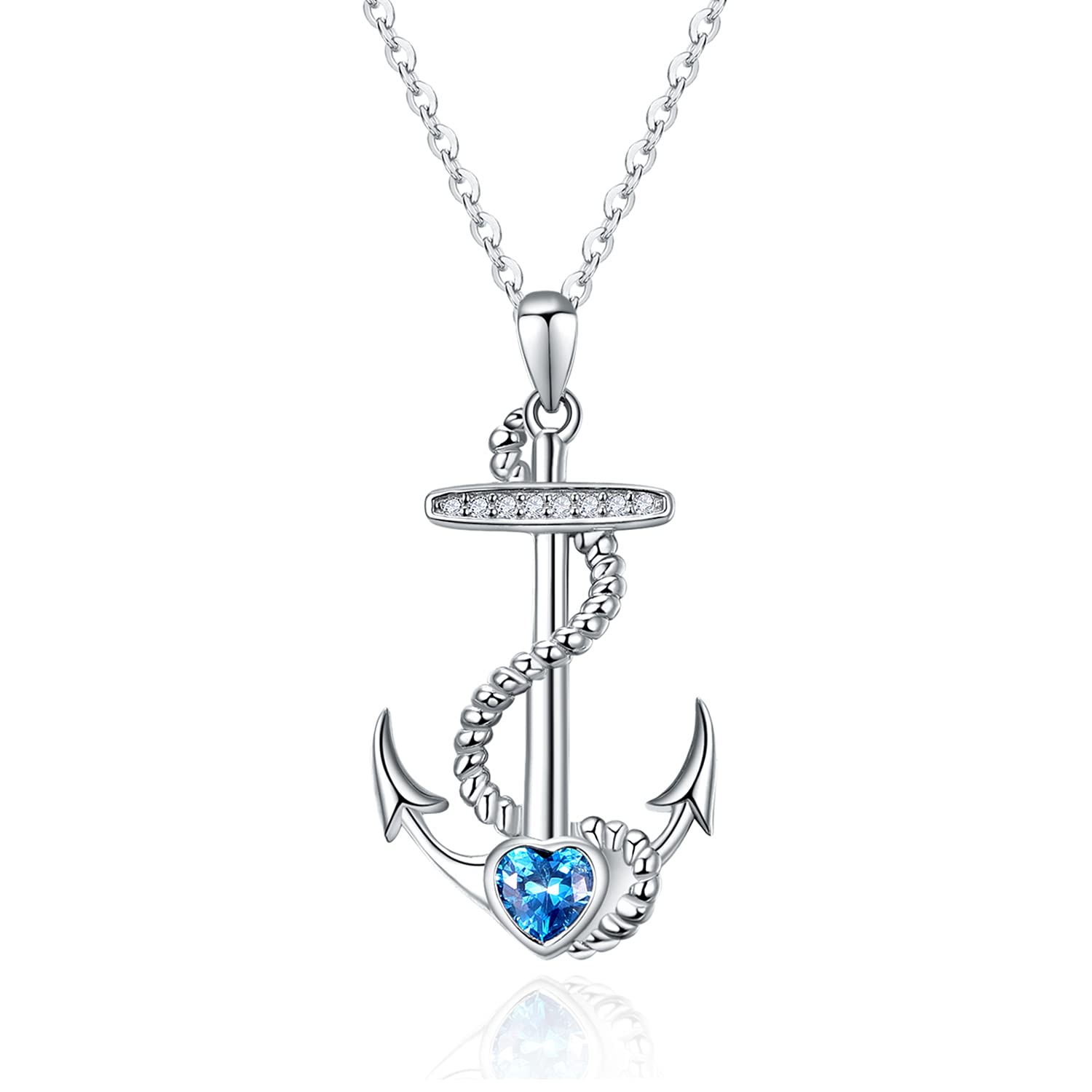 praymos Anchor Pendant 925 Sterling Silver Blue zircon Birthstone Necklace Sea Ocean Theme Jewellery Gifts for Her Women Men 18" + 2" Adjustable Chain