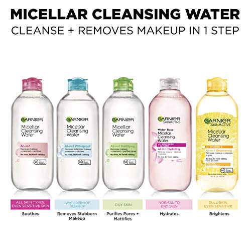 Garnier SkinActive Micellar Water with Rose Water and Glycerin, Facial Cleanser & Makeup Remover, All-in-1 Hydrating, 13.5 Fl Oz (400mL), 1 Count (Packaging May Vary)