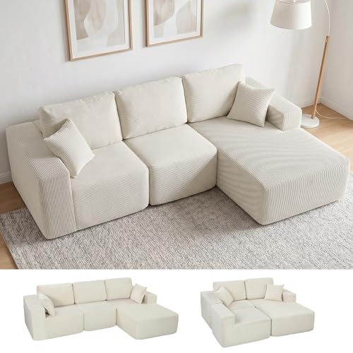 HOMCOM 105" L-Shaped Modular Sectional Sofa, Boneless Cloud Couch with Deep Seat, Wide Armrests, Pillows, 2-in-1 Corduroy Sofa Bed for Living Room, No Assembly Required, Cream