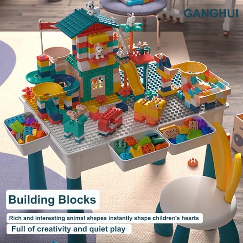 Multi-Functional Kids Activity Table & Chair Set,Building Block Play Surface,Sand/Water Station & Study Desk with Chairs - Multi-Functional Educational Toy for Boys & Girls Ages 3-8 Years